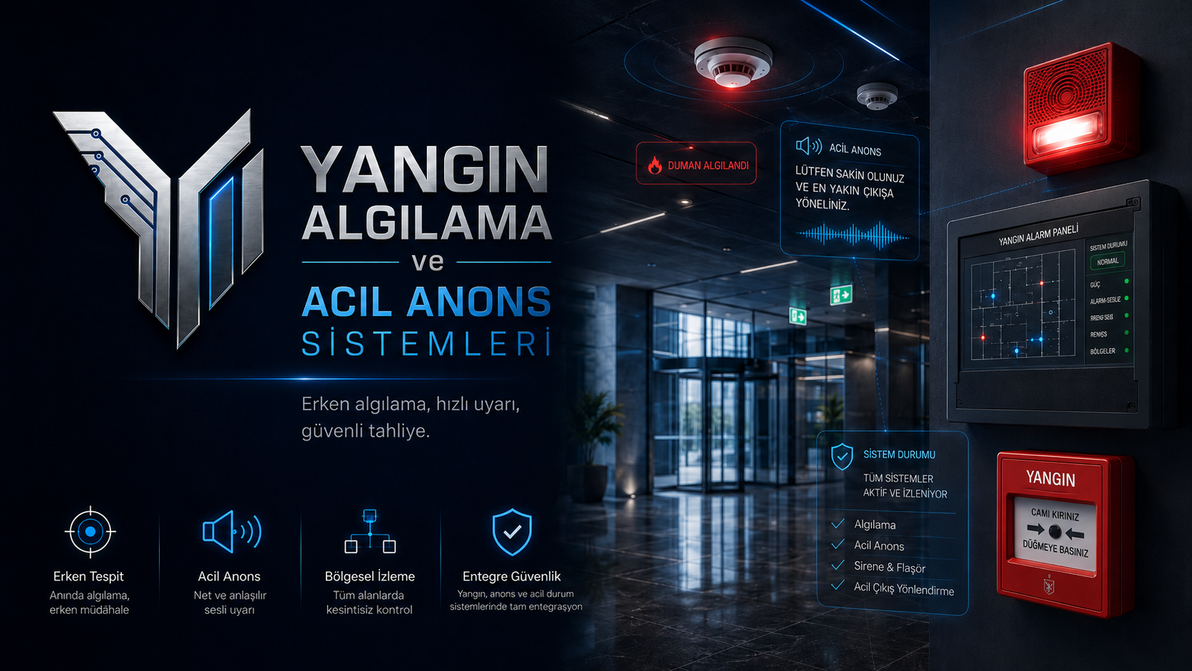 Yangın risklerinin erken tespit edilmesini ve acil durumlarda bina içerisindeki kişilerin güvenli şekilde yönlendirilmesini sağlayan profesyonel sistem çözümleri sunuyoruz. Dedektör, yangın alarm paneli, siren, flaşör, acil anons ve tahliye yönlendirme sistemlerini projeye uygun şekilde kuruyor ve teknik destek sağlıyoruz.